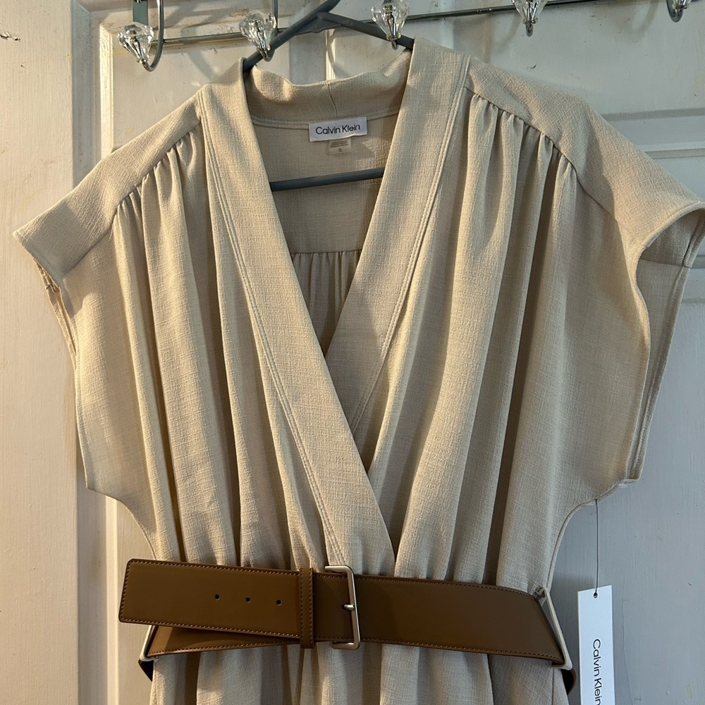 Calvin Klein Neutral Cream Wrap Maxi Dress with Brown Belt - Picture 2 of 3